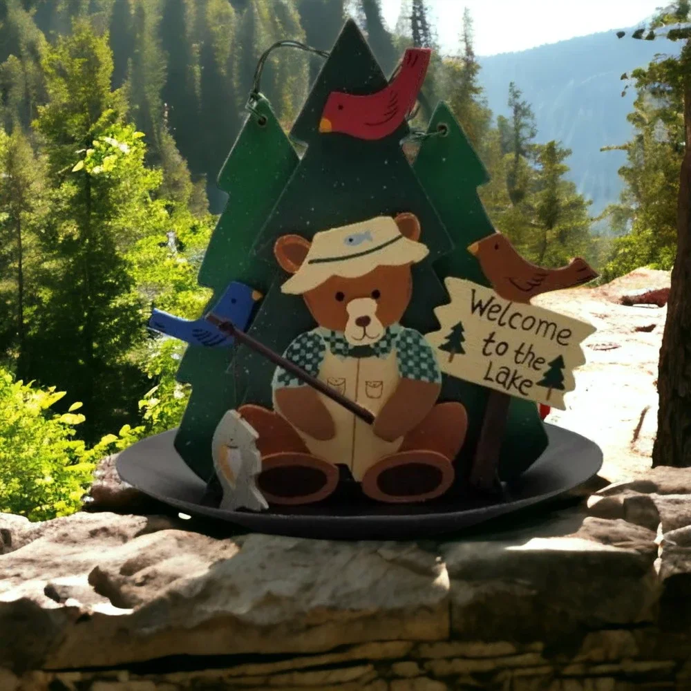 Bear Fishing Bird Feeder Welcome To The Lake Wood Metal Hanging Garden Decor